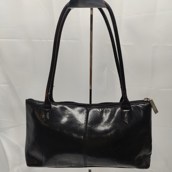 Vintage HOBO INT. Lola Tote Bag Black polished leather / brown wear highlights - Picture 6 of 10